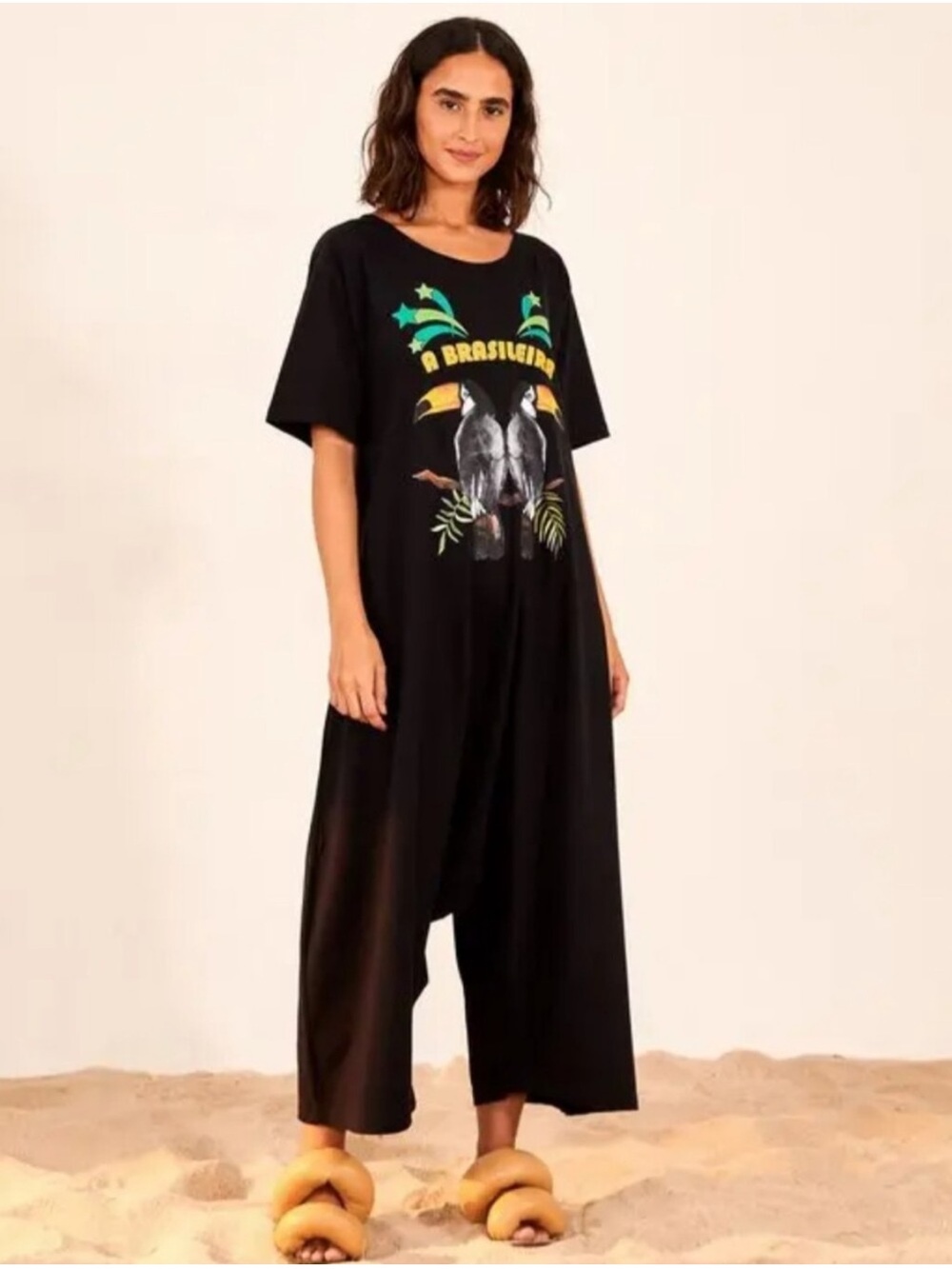 New FARM Rio A Brasileira Toucan Tropical Graphic Relaxed Jersey Jumpsuit XS